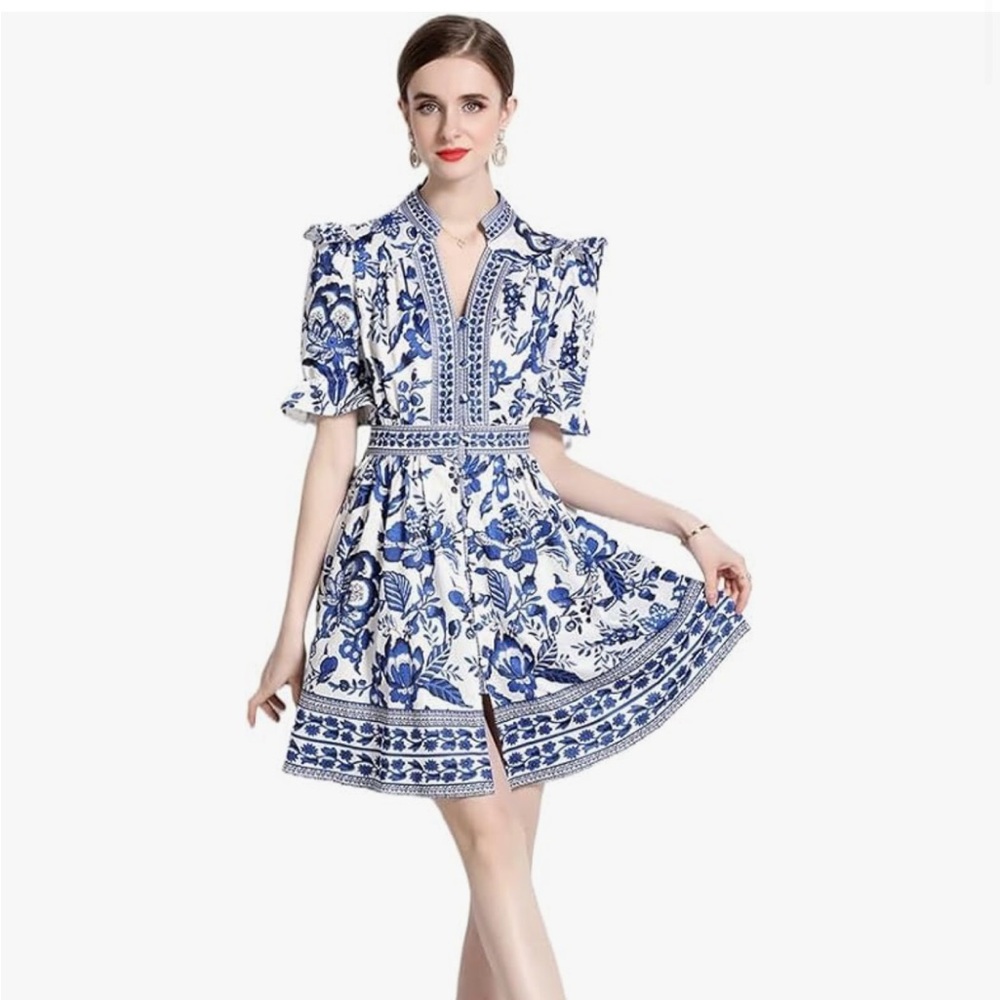 Blue and White Puff Sleeve Mini Dress for Wedding Guest NWT